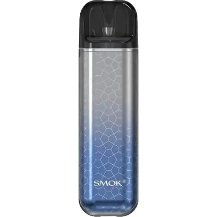 Vape pen or e-cigarette device with a gradient blue-to-silver body and hexagonal pattern design.