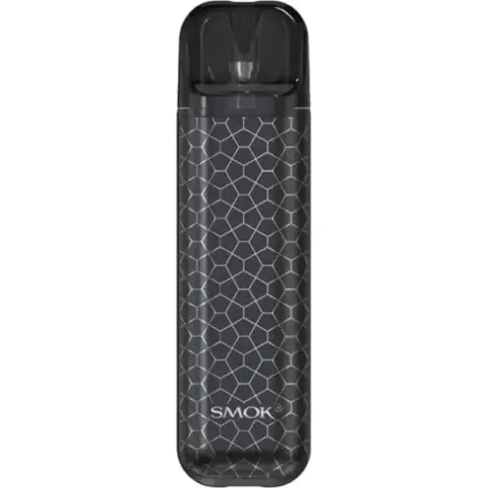 Sleek electronic vaping device with a honeycomb-like pattern on its dark body.