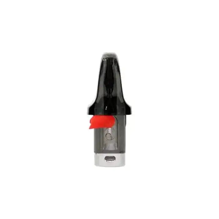 Vape cartridge or e-cigarette pod with a black mouthpiece and red band.