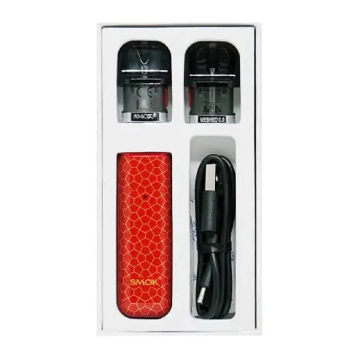 Electronic cigarette or vaping device kit with red textured body and accessories.