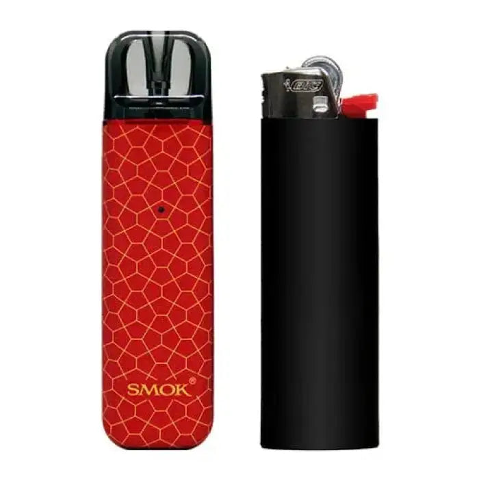 Electronic vaping device with a red patterned body and black mouthpiece, shown next to a standard black lighter for size comparison.