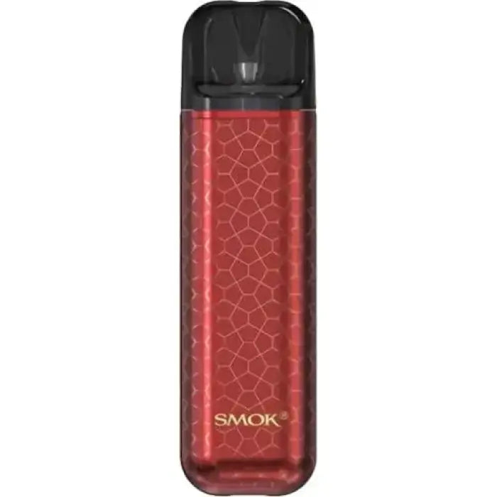 Red electronic vaping device with a honeycomb pattern and ’SMOK’ branding.