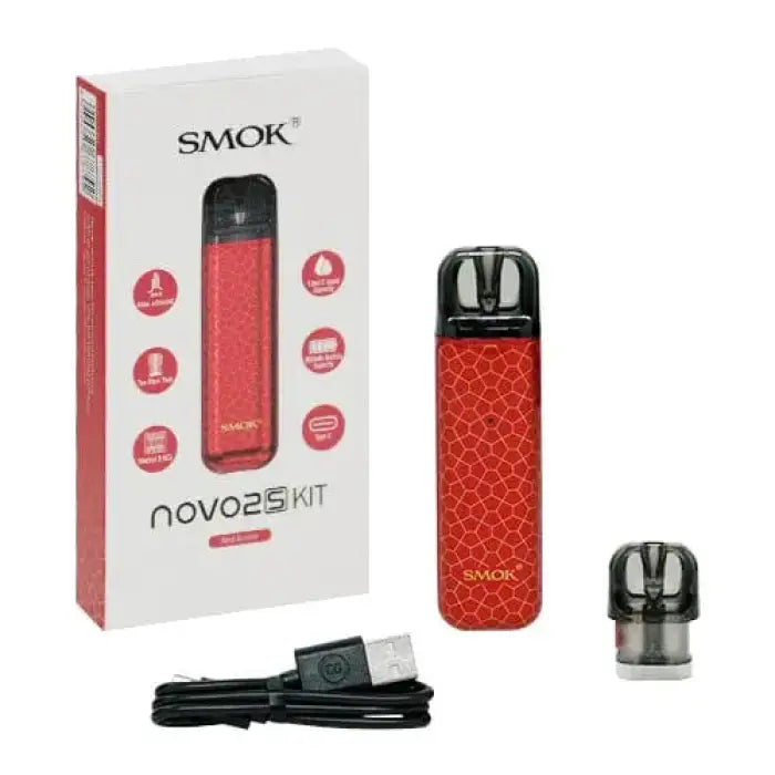 Red electronic cigarette device with its packaging and accessories.