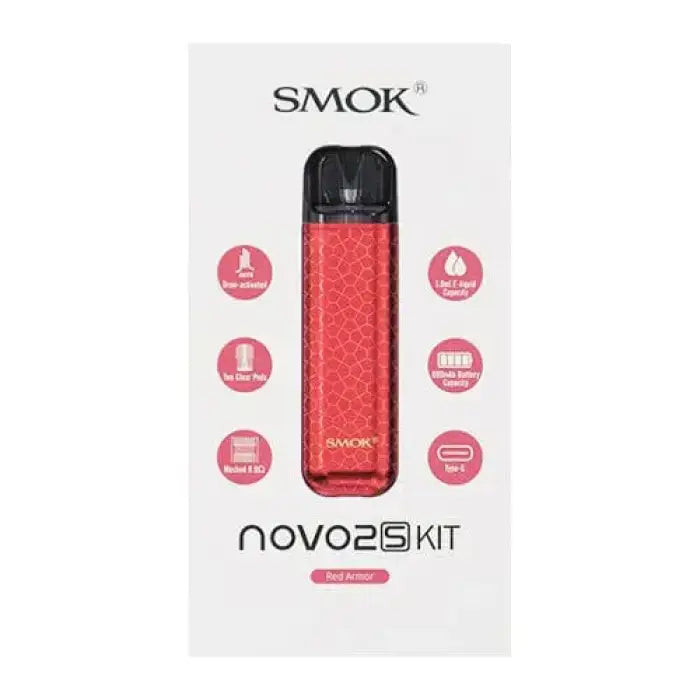 Red electronic vaping device with SMOK branding and product features listed.