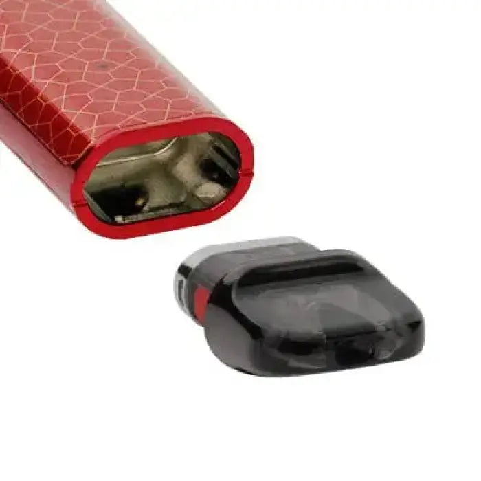 Red and black electronic cigarette or vaping device with a textured exterior.