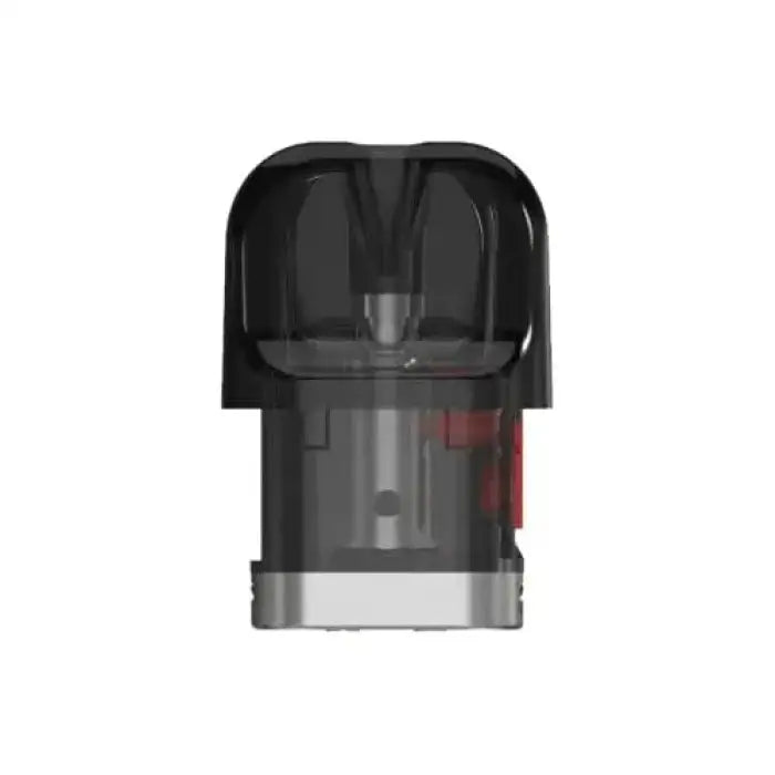 Vape pod or e-cigarette cartridge with a transparent mouthpiece and dark body.