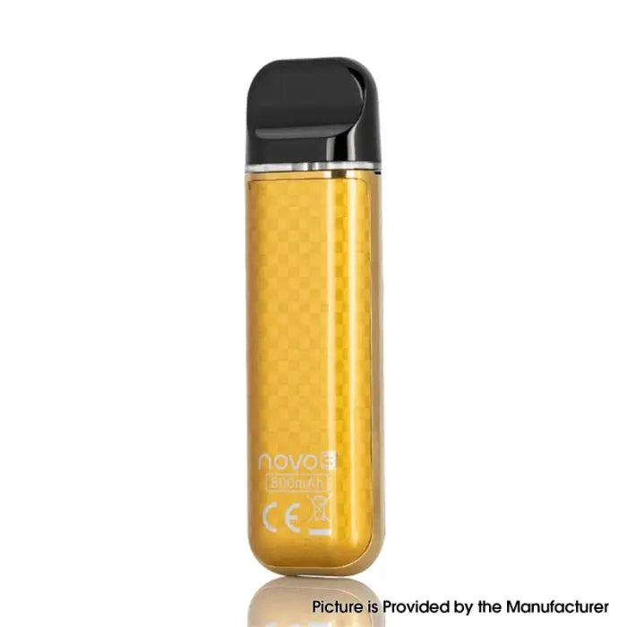 Yellow cylindrical vape device with a black mouthpiece and transparent window.