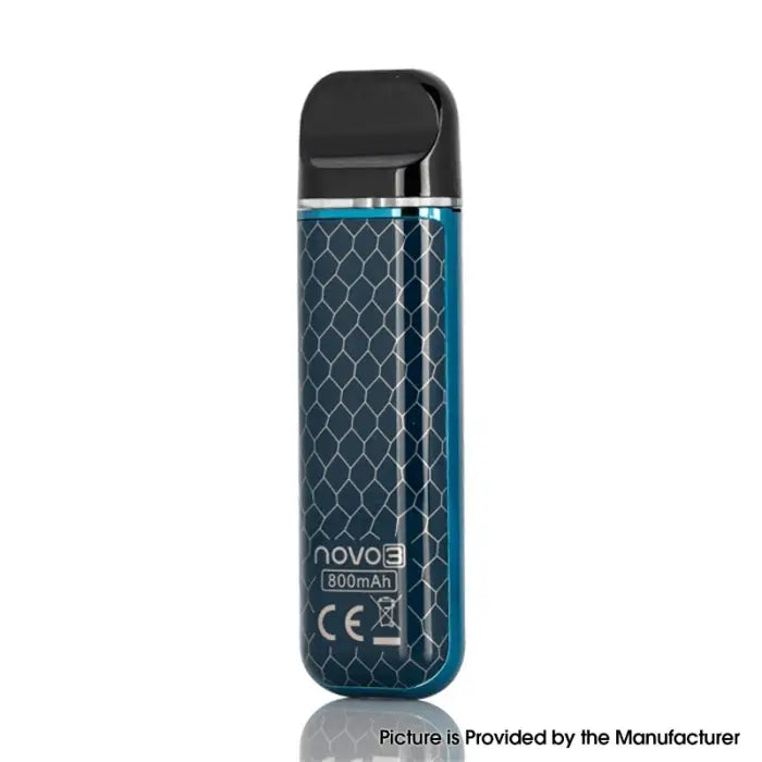 Sleek electronic vaping device with a blue patterned exterior and black mouthpiece.