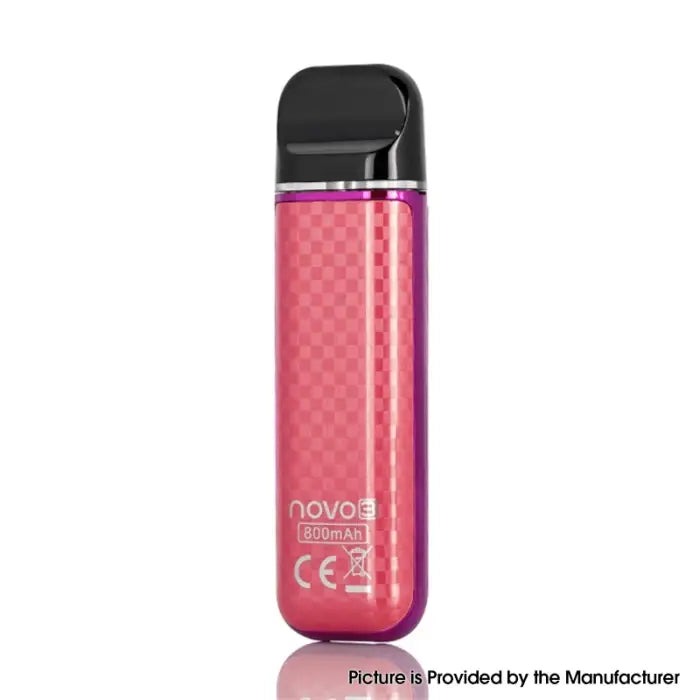 Pink electronic cigarette or vape device with a checkered pattern and ’novo’ branding.