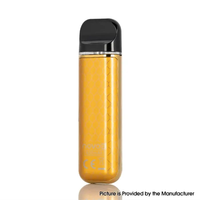 Yellow cylindrical vape device with a black mouthpiece and transparent cap.