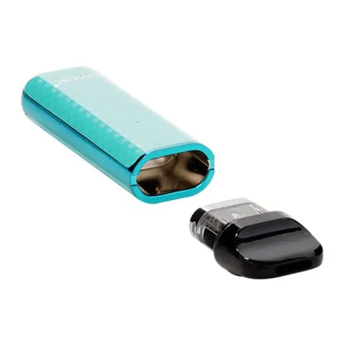 Teal-colored electronic vaping device with a detachable black pod.