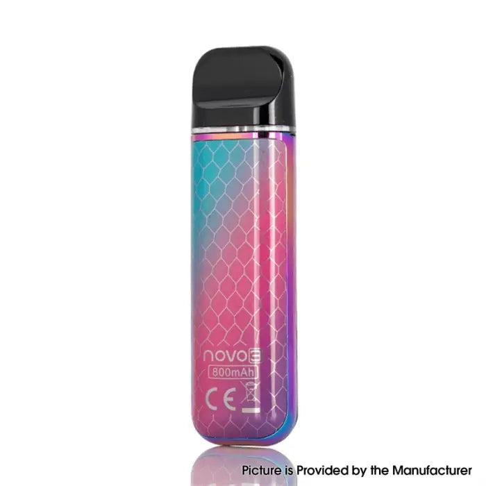 Colorful vape device with a gradient pattern and transparent body.