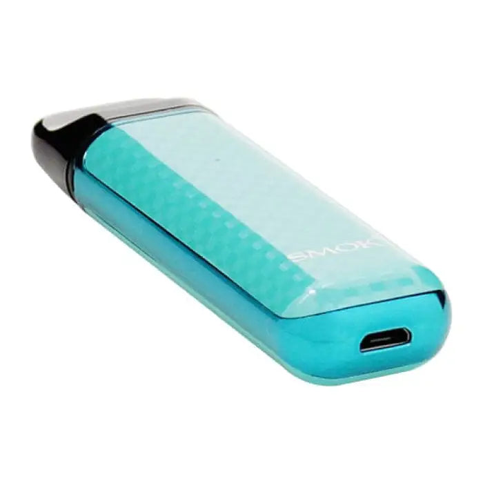 Teal and black electronic vaping device or e-cigarette.