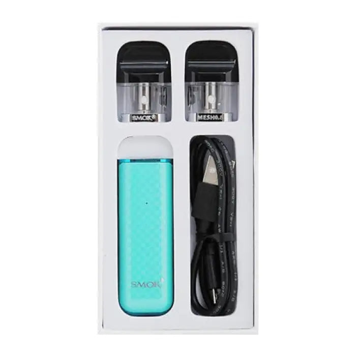 Teal-colored electronic vaping device with accompanying accessories in a packaging tray.