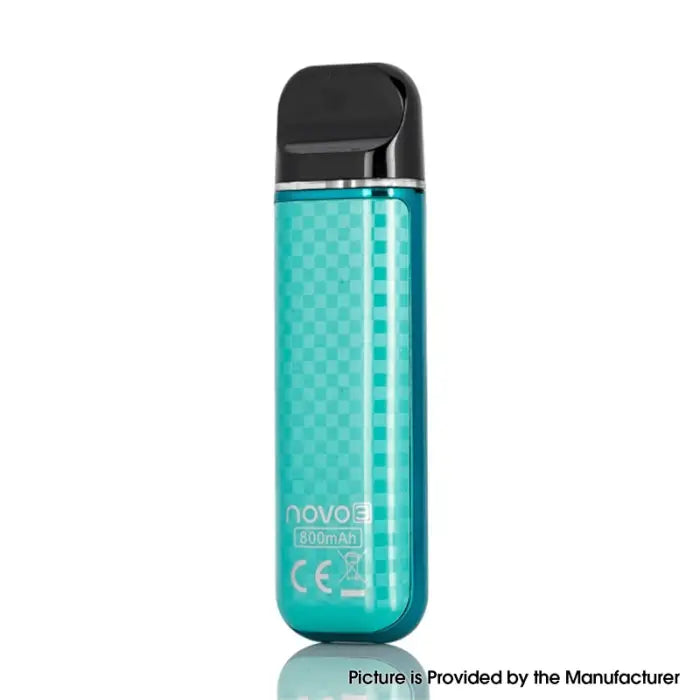 Teal-colored electronic cigarette or vape device with a transparent body and black mouthpiece.