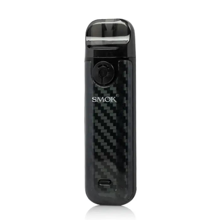 Sleek black electronic vaping device with a carbon fiber pattern and ’SMOK’ branding.