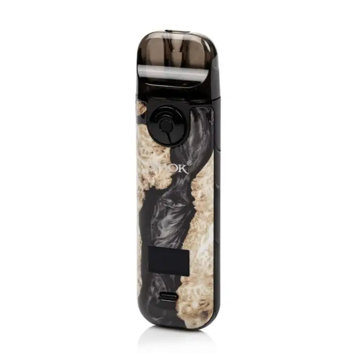 Vape device with a marbled black and beige pattern on its body.