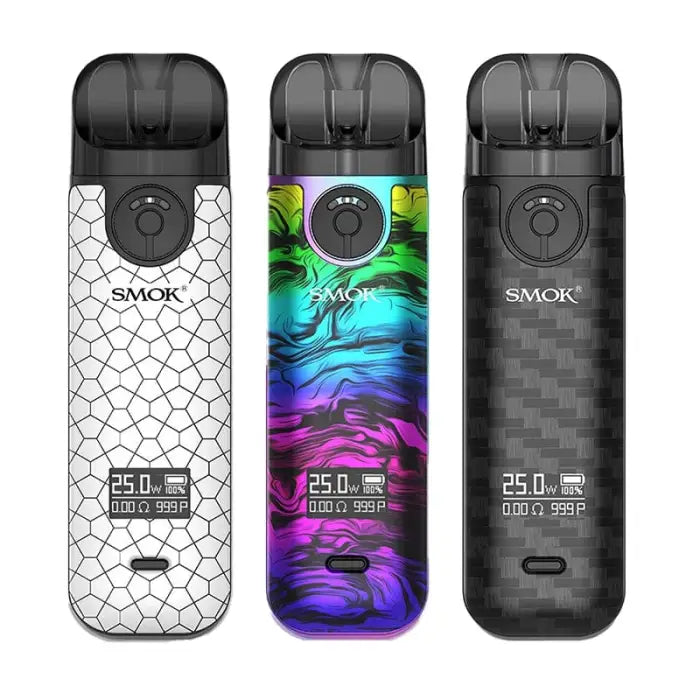 Three electronic vaping devices with different designs and color patterns.