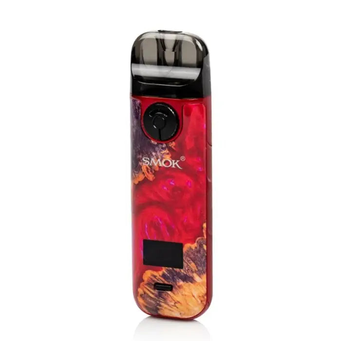 Electronic vaping device with a red and orange swirled design.