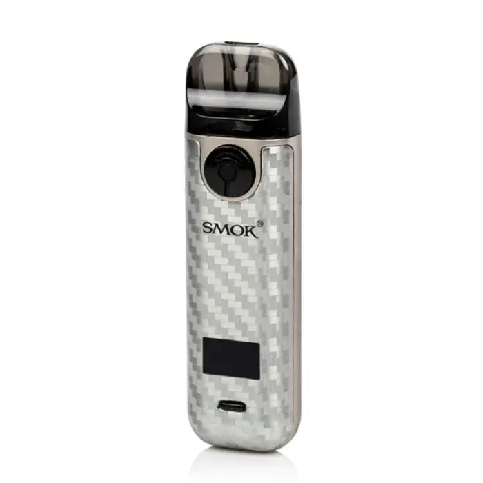 Sleek electronic vaping device with a silver carbon fiber pattern and black accents.