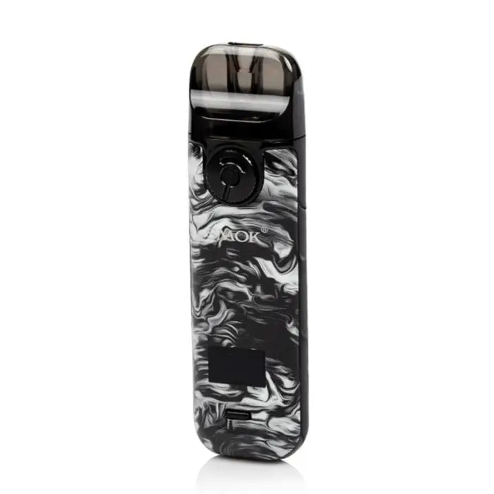 Sleek electronic vaping device with a black and gray marbled pattern.