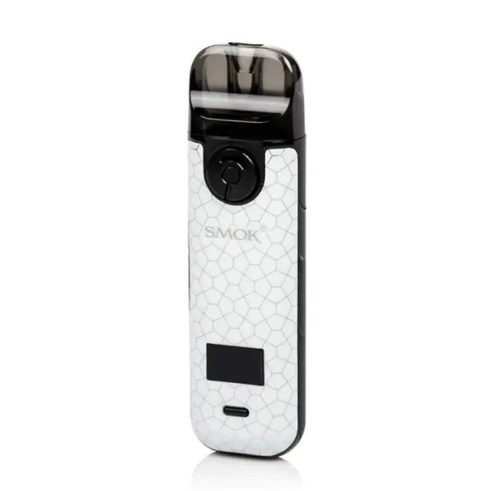 Electronic vaping device with a white textured body and black accents.