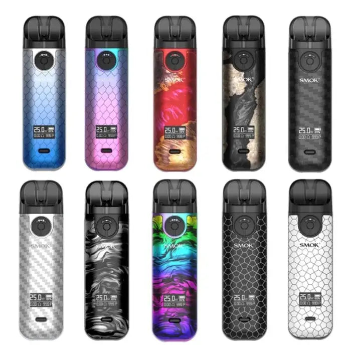 Collection of colorful vape pens or e-cigarette devices with various designs and patterns.