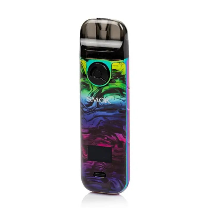 Colorful vape pen or e-cigarette device with a swirling rainbow pattern.