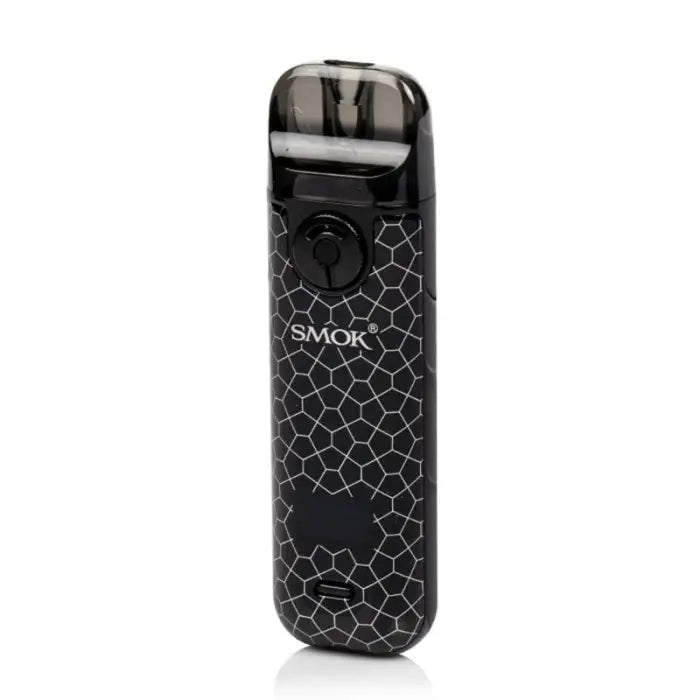 Sleek black vape device with a crackle-pattern design.