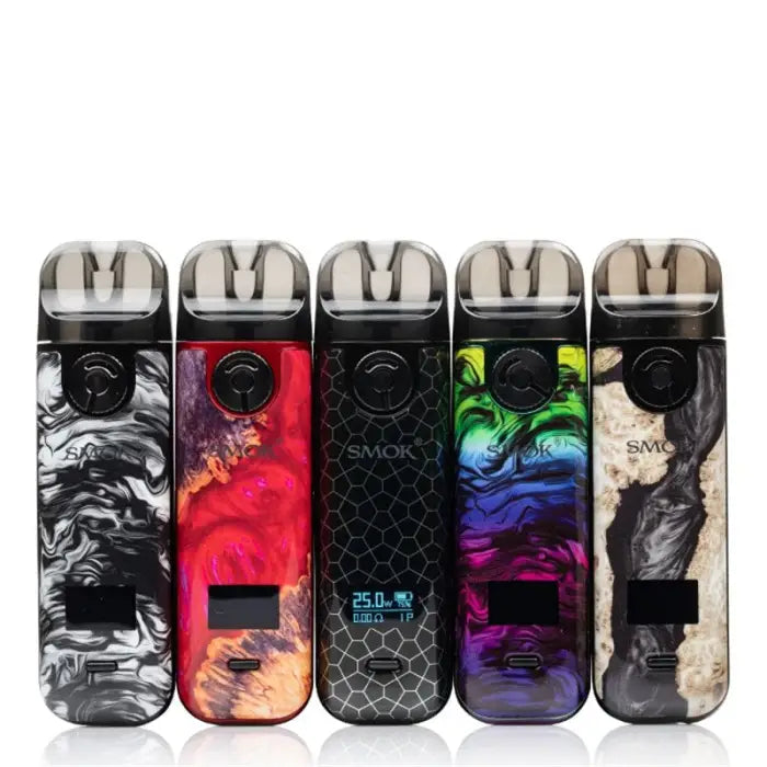 Five colorful electronic vaping devices with different patterned designs.