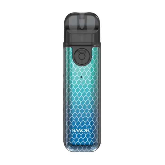 Vape pen or e-cigarette device with a blue-green mermaid scale pattern design.