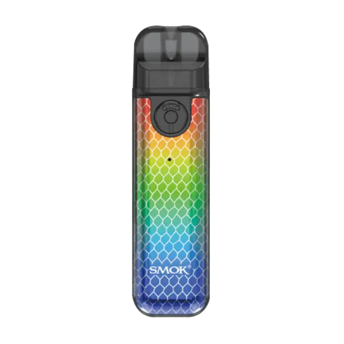 Colorful electronic vaping device with a honeycomb-patterned rainbow design.