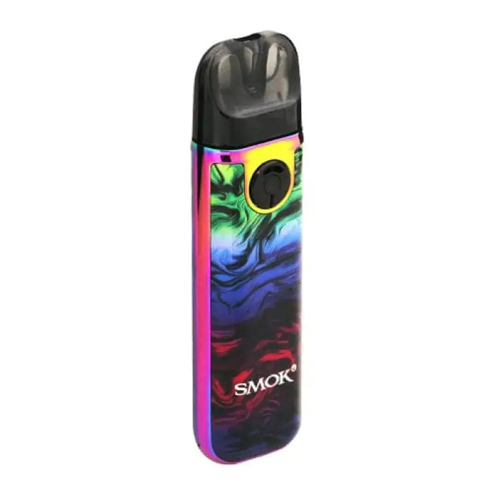 Colorful electronic vaping device with a swirling abstract design on its body.