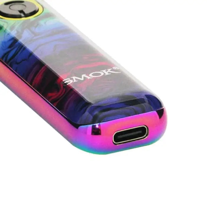 Iridescent electronic vaping device with ’SMOK’ branding and a USB-C port.