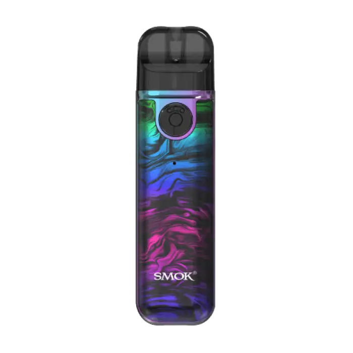 Colorful vape pen or e-cigarette device with a swirling abstract pattern.