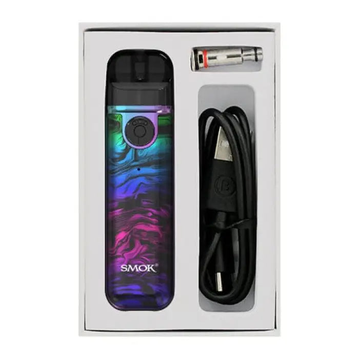 Colorful electronic vaping device with a swirling purple and blue pattern on its body.