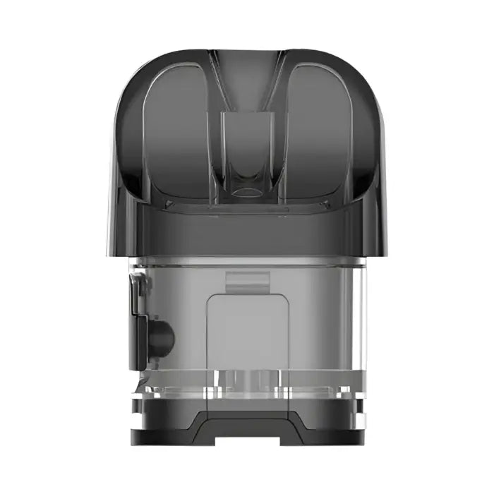 Vape pod or e-cigarette cartridge with a clear tank and dark mouthpiece.