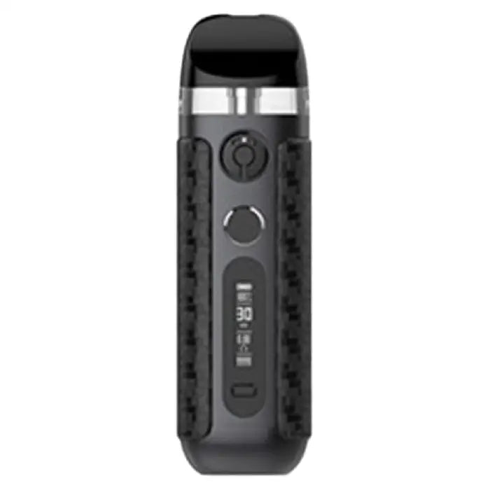 Sleek black electronic vaping device with a digital display and control buttons.