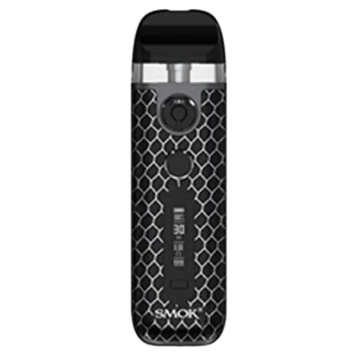 Sleek black electronic vaping device with a patterned mesh design.