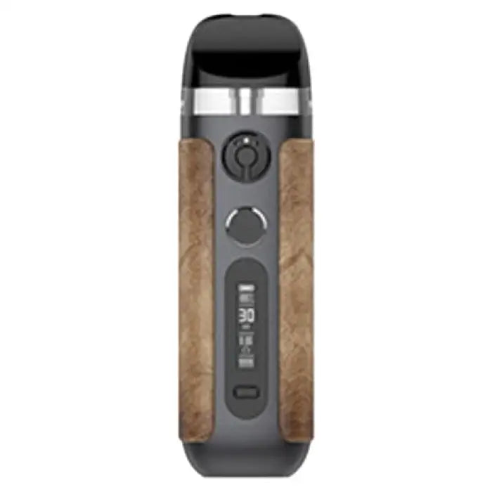 Electronic vaping device with wood-grain side panels and a digital display.