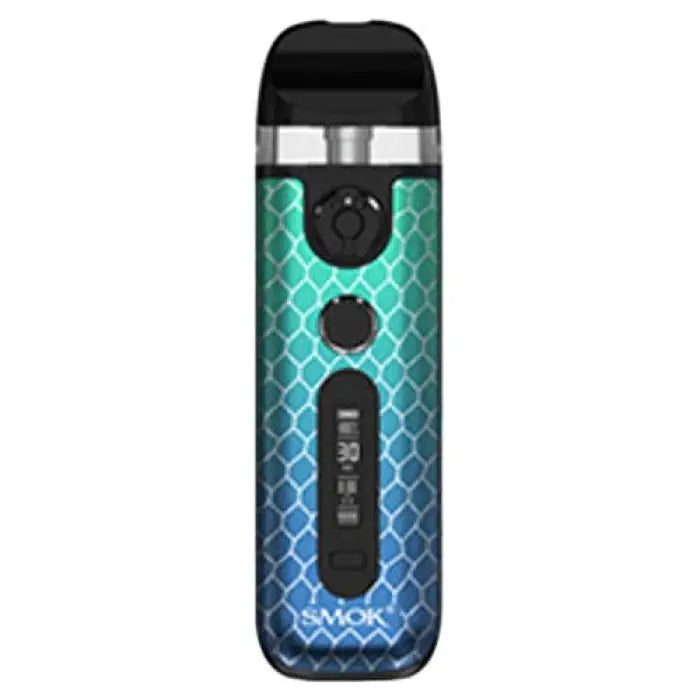 Vape device with a blue-green mermaid scale pattern design.