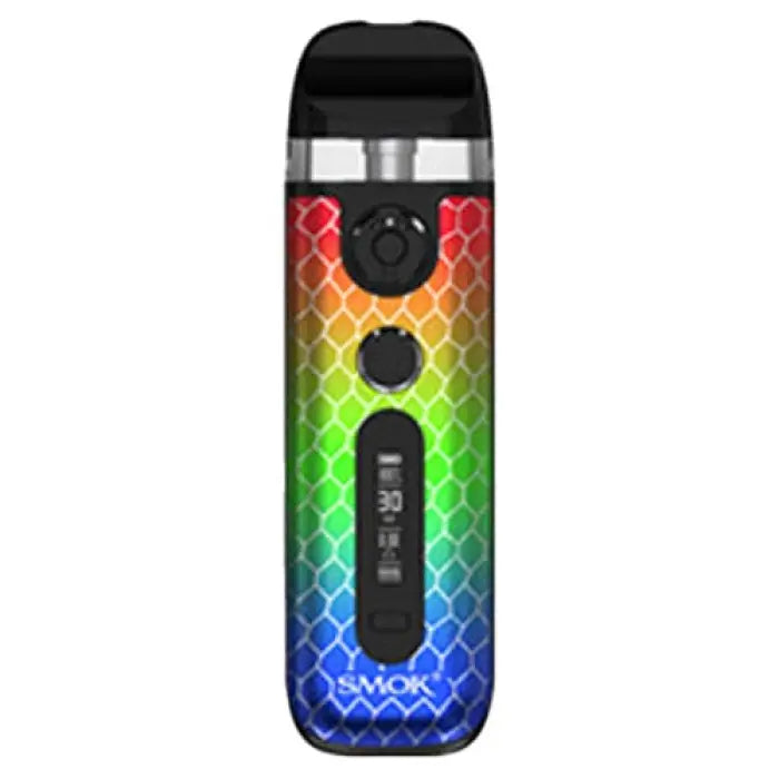 Colorful vape device with a rainbow scale pattern design.