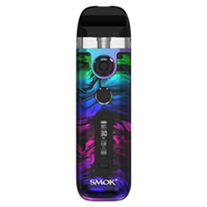 Colorful electronic vaping device with a vibrant swirling pattern on its body.