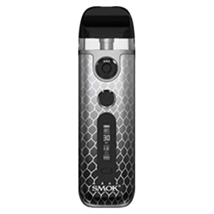 Sleek electronic vaping device with a patterned metallic body and black accents.