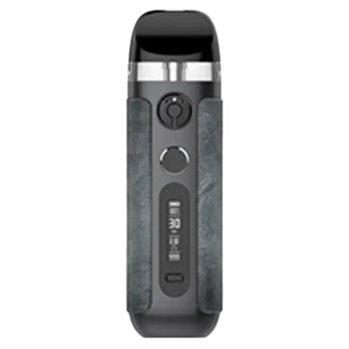 Sleek electronic vaping device with a digital display and mouthpiece.