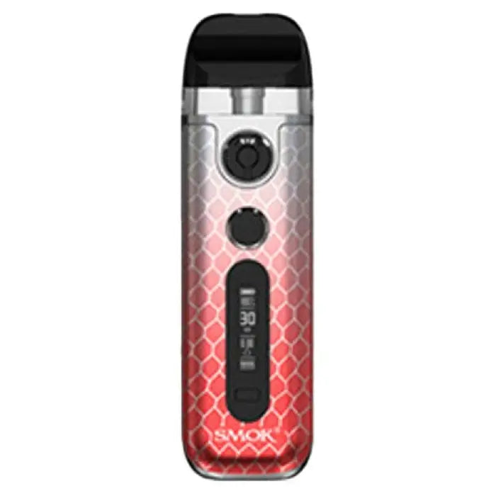 Vape device with a red and silver gradient scale pattern design.