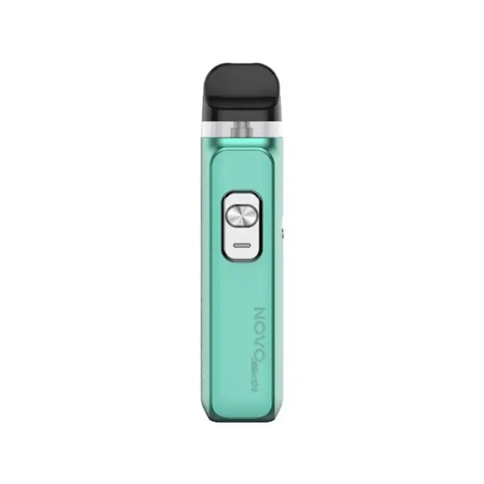 Teal-colored electronic vaping device with a black mouthpiece and a small display screen.