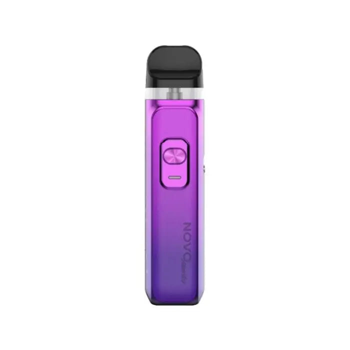 Purple vape pen or e-cigarette device with a transparent body and black mouthpiece.