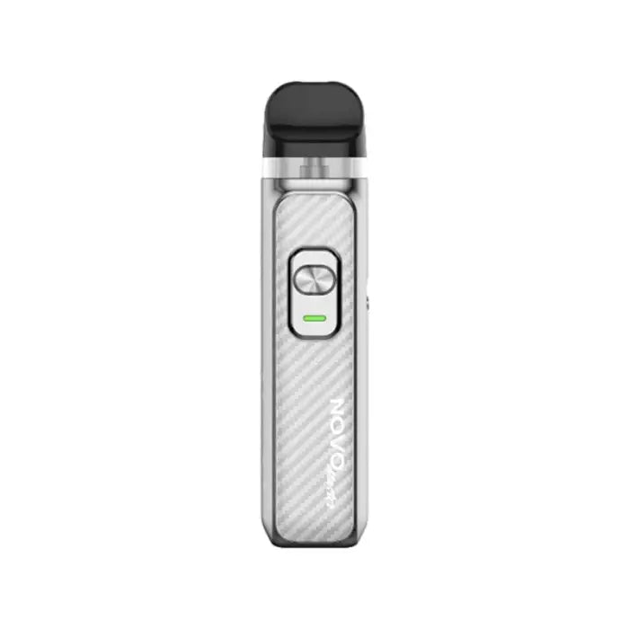 Sleek electronic vaping device with a silver carbon fiber pattern and digital display.