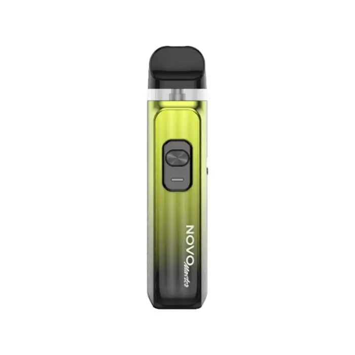 Vape device with a green-to-black gradient body and transparent mouthpiece.